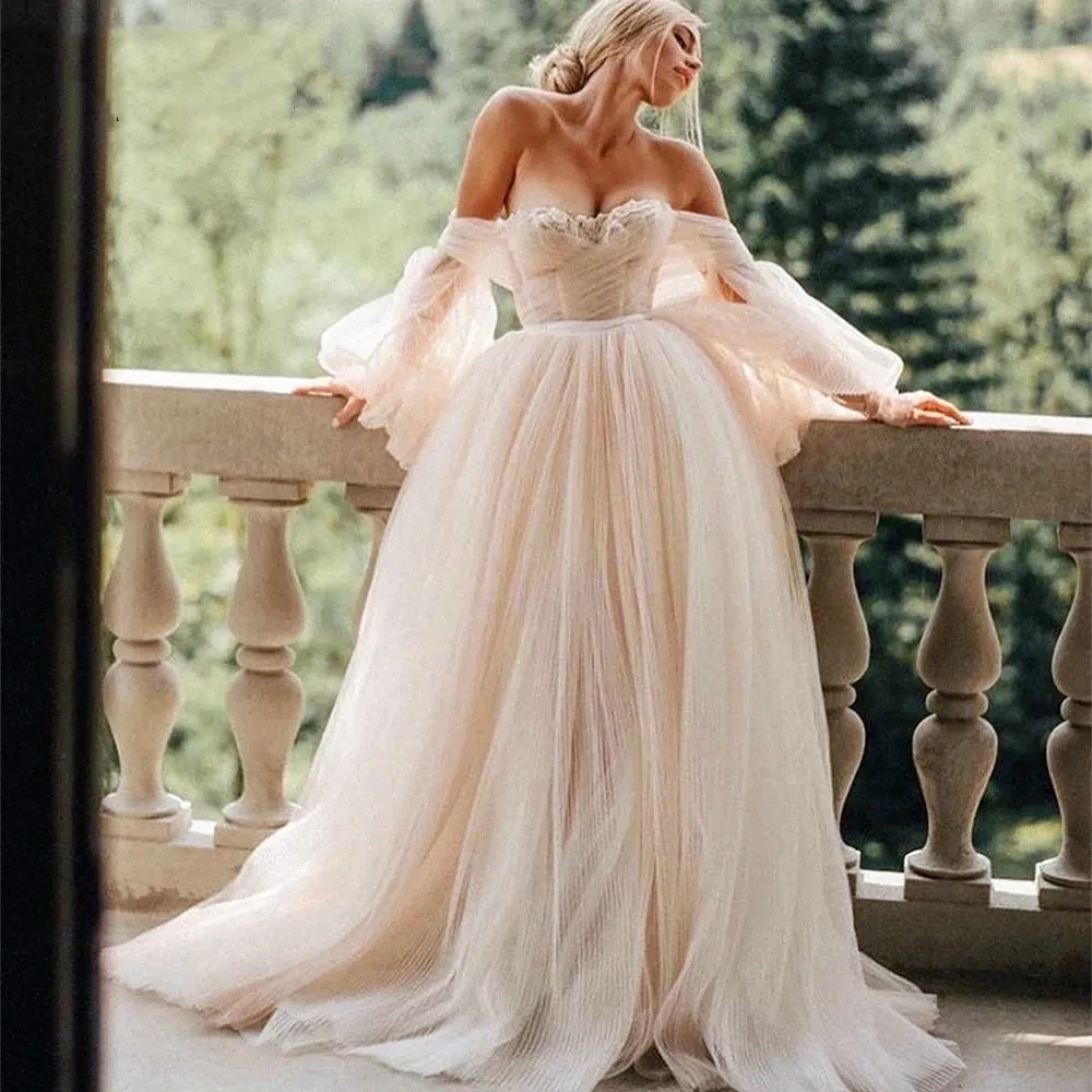 

Sexy Low-Cut Tulle Sweetheart Off The Shoulder Wedding Dresse A-Line Ball Gown Illusion Backless Princess Romantic Evening Party