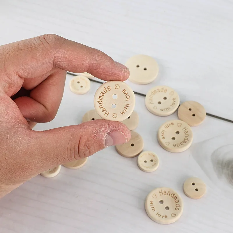 50pcs Wooden Buttons 15/25mm Round Simple 2-hole Buttons "Handmade with Love" Clothing Accessories