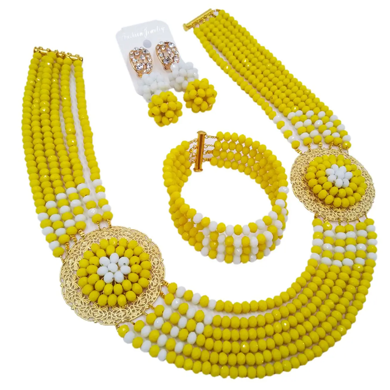 

Opaque Yellow White African Beads Jewelry Set Crystal Bride Jewelry