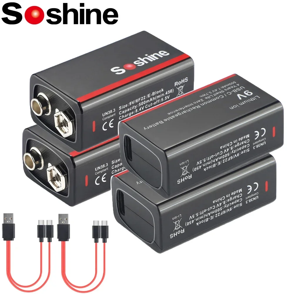 USB Lithium-ion Battery 9V 500mAh Low Self-discharge Li-ion Rechargeable Batteries 4-Year Shelf Life 4LED Power Display