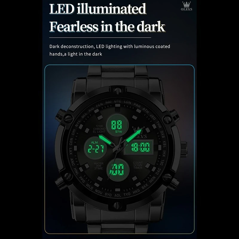 OLEVS 1106 Sport Digital Watch Gift Stainless Steel Watchband Round-dial Wristwatch Week Display Calendar Luminous Alarm 3