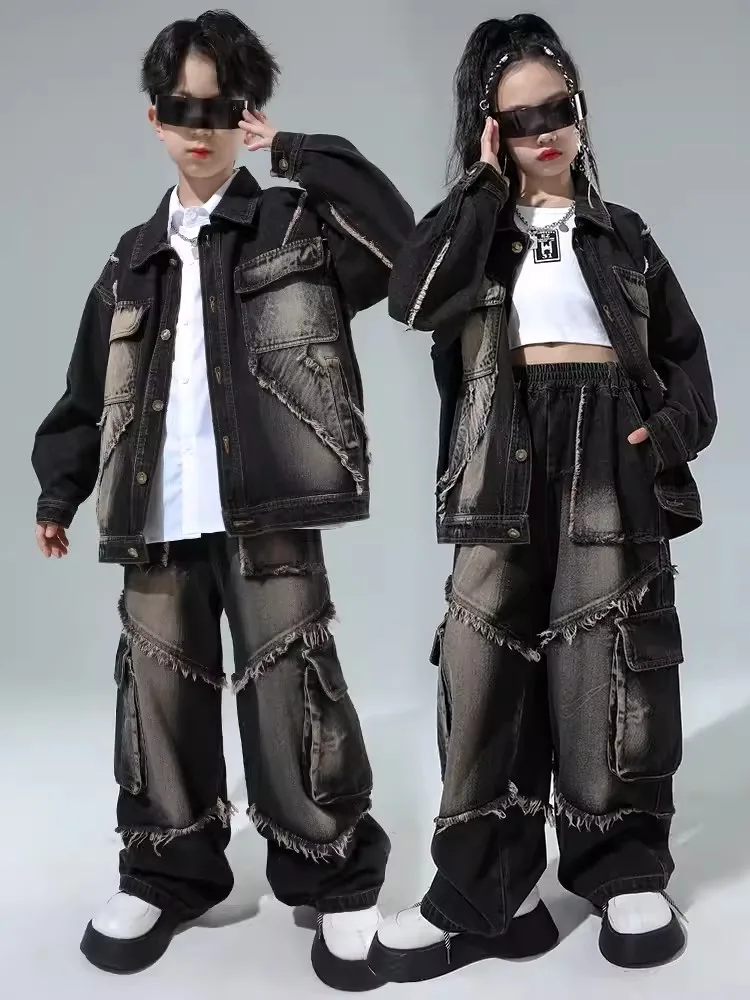 

Kids Hip Hop Dance Costume Retro Black Denim Suit Loose Coat Pants Boys Casual Clothing Girls Jazz Performance Clothes BL11833