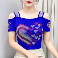 High Quality Women Short Sleeve Mesh Tees Clothes Luxury Love Heart Shiny Diamonds Summer T-Shirt Female Streetwear Fashion Tops - Image 3