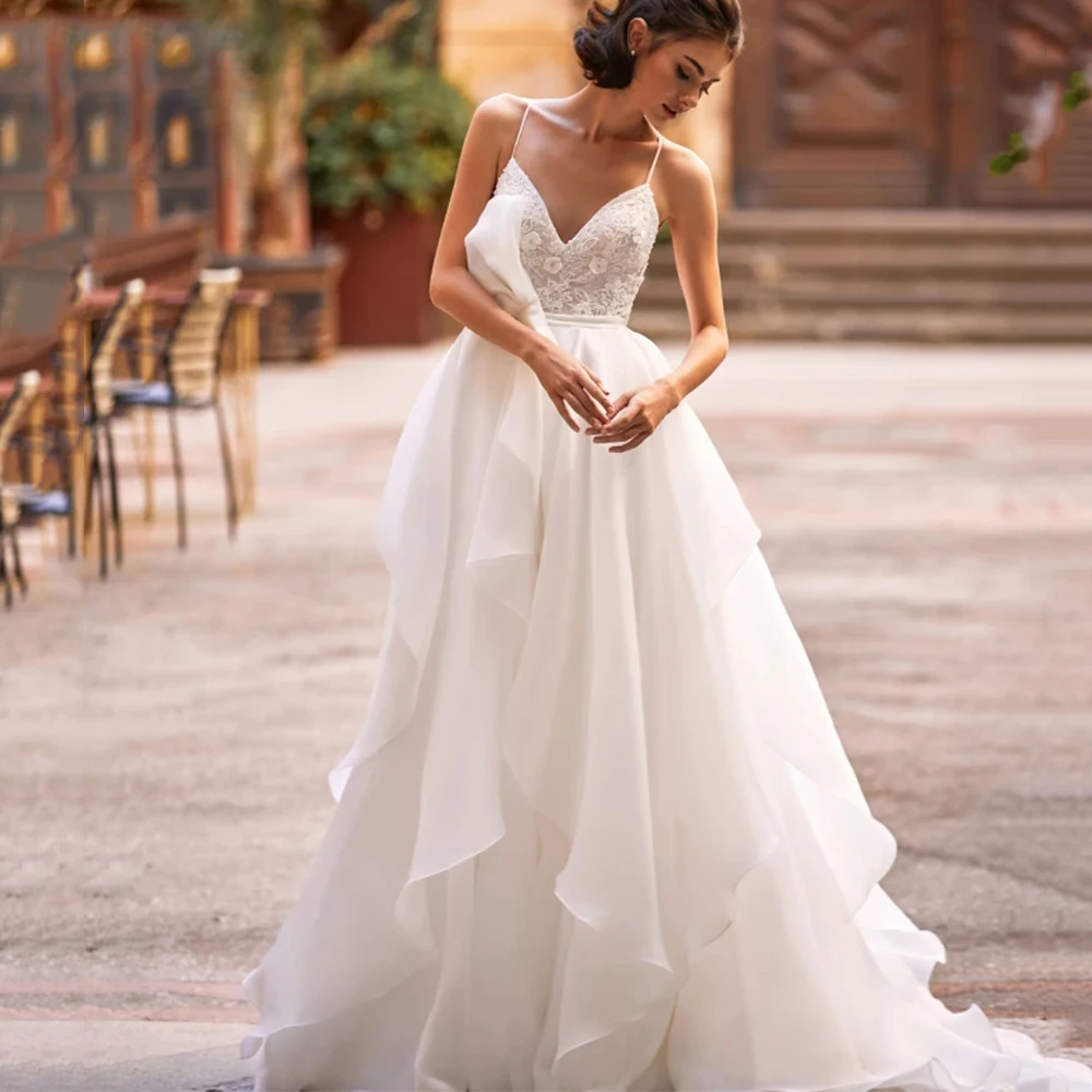 

Romantic Wedding Dresses for Woman Spaghetti Strap A-line Ruffles Backless Lace Bride Gown Perspective V Neck فستان الزفاف