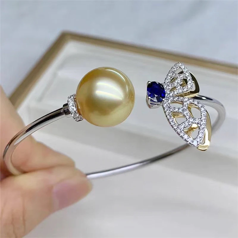 

MeiBaPJ Real 925 Silver 10-11mm Natural Round Golden Pearl Butterfly Bracelet for Women Fashion Charm Wedding Jewelry