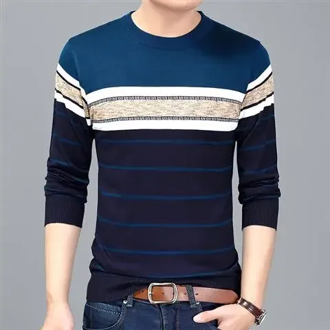 thumbnail image 1 of Camiseta de cuello redondo a rayas para hombre, camiseta coreana de otoño para hombre, tendencias de moda 2024, camisetas normales, ropa de calle, sudaderas emo, 1 of 5