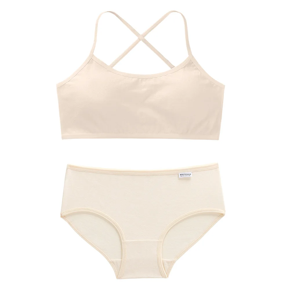 Teenage Girls Solid Bra And Panties Underwear Set Children Crisscross Soft Support Camisole&Bralette Kids Training Bra Sets