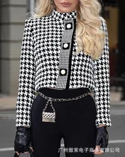 

2022 Fashion Ladies Autumn and Winter Short Jacket New Black Houndstooth Stand Collar Short Jacket in Stock
