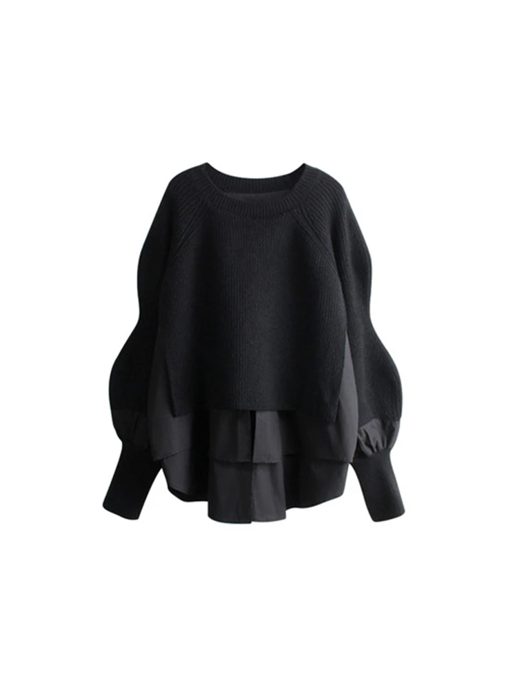 

Autumn Winter Women Crew-neck Blouses Patchwork Irregular Clipping Knitwear Long Sleeve Pleated Design Knitted Pullover Sweater