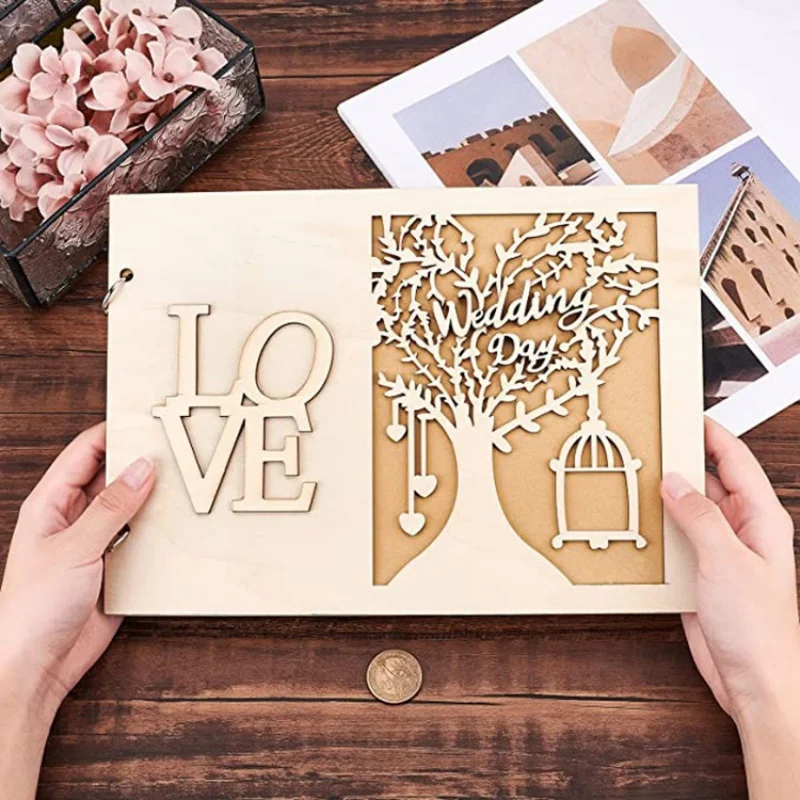 10/20/30/40 Pages Wedding Guest Book Wooden Wedding Signature Book LOVE Photo Frame Decoration Marriage Party Supplies