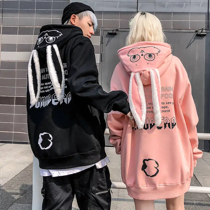 Cute Bunny Graphic Pink Black Couple Hoodies Tops Women Animal Print Kawaii Rabbit Hooded Sweatshirt Girls Loose Korean Pullover