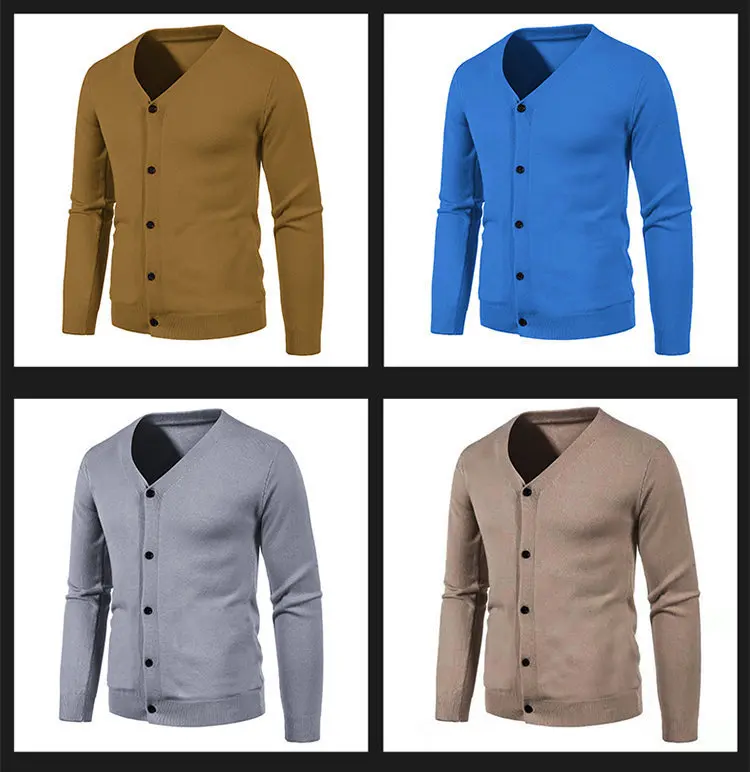 Description Picture 3 of itemNew Men's Solid Color V-neck Slim Fit Cardigan Sweater for Spring 2024 in Foreign Trade, Youth Fashion Casual Jacket