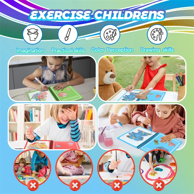 Water Drawing Books Educational Toy For Kids Toddlers Reusable Water Graffiti Coloring Cardbords with Pen Magical Drawing Kits 5