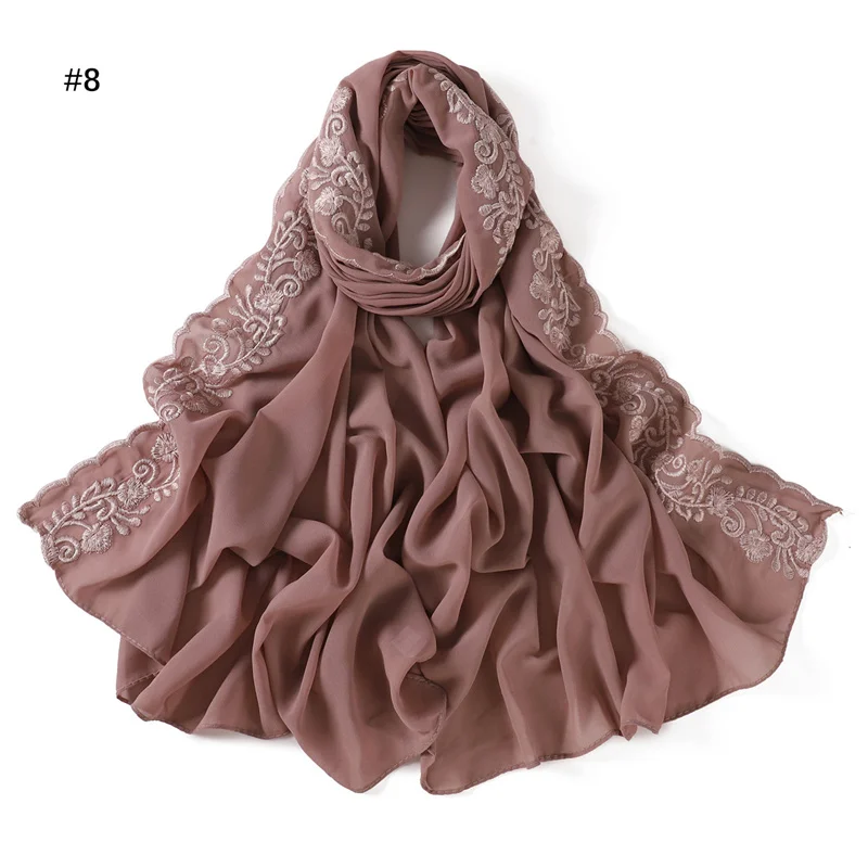 Plain Sticken Floral Blase Chiffon Hijab Ramadan Spitze Stich Schals Frauen Sonnencreme Kopftuch Outdoor Winddicht Kopf Wrap – Detail 18