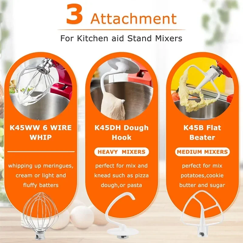 Stand Mixer Attachment Set of 3-Wire Whip / Dough Hook / Mixing Paddle Fit For Kitchenaid Mixers mixer accessories