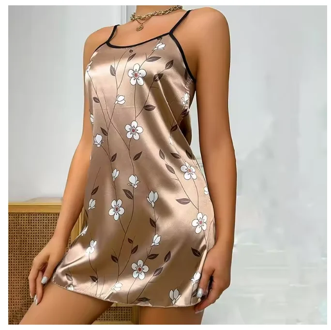 Women's satin nightgown printed with flowers, comfortable nightgown with spaghetti straps, luxurious satin sleepwear, easy to wear nightgown.
