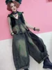 LYUZHE 2025 Summer New Women Sets Mesh Splicing Contrasting Colors Distressed Hooded Denim Vest Wide Leg Pants Sets HLX129B 1
