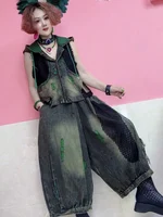 LYUZHE 2025 Summer New Women Sets Mesh Splicing Contrasting Colors Distressed Hooded Denim Vest Wide Leg Pants Sets HLX129B 1
