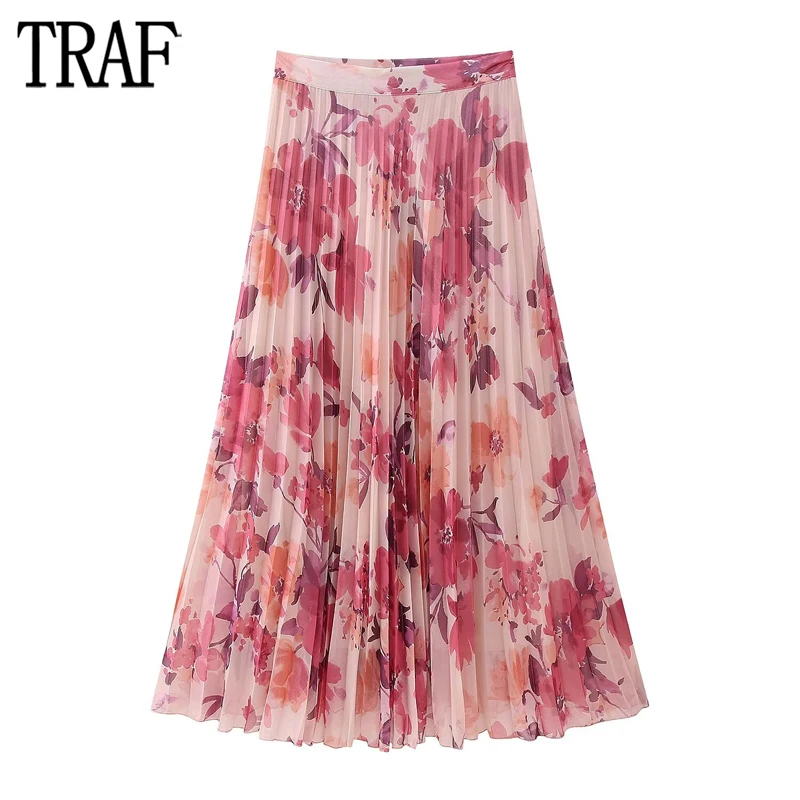 

TRAF Floral Pleated Long Skirts for Women High Waist Midi Skirt Women Spring Ruched Woman Skirts Vintage Party Women's Skirts