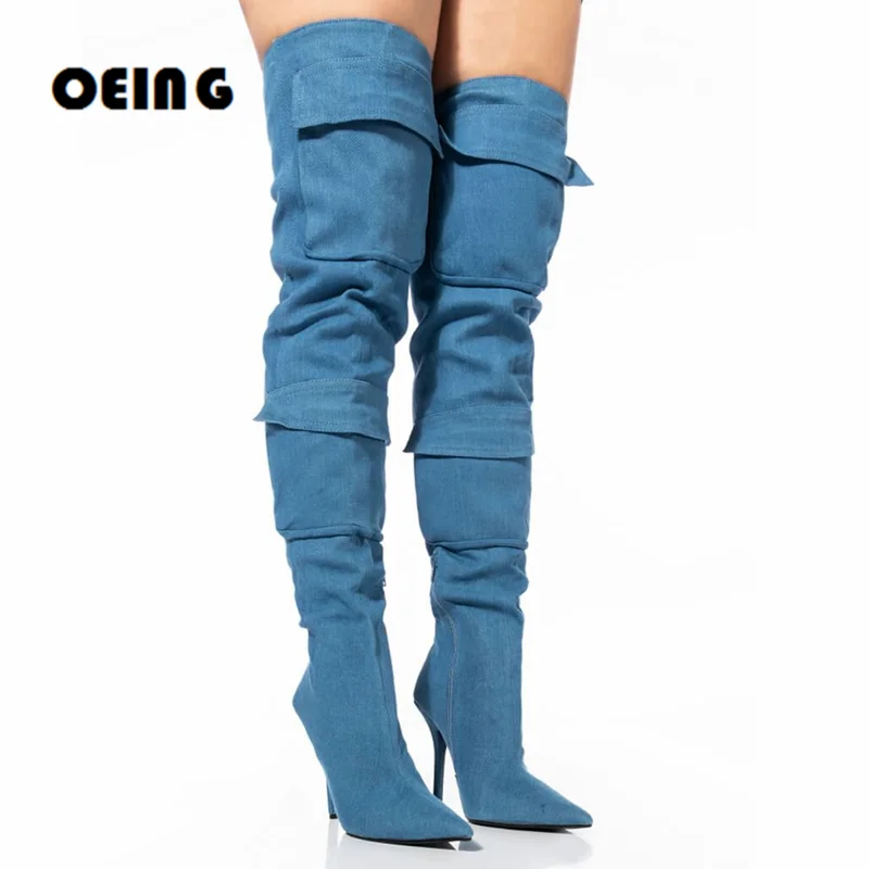 

Women Denim Over Knee-high Boots Pointed Toe Stiletto Heels Pockets Design Boots Cowboy Patchwork Ankle Zip Shoes Botas De Mujer
