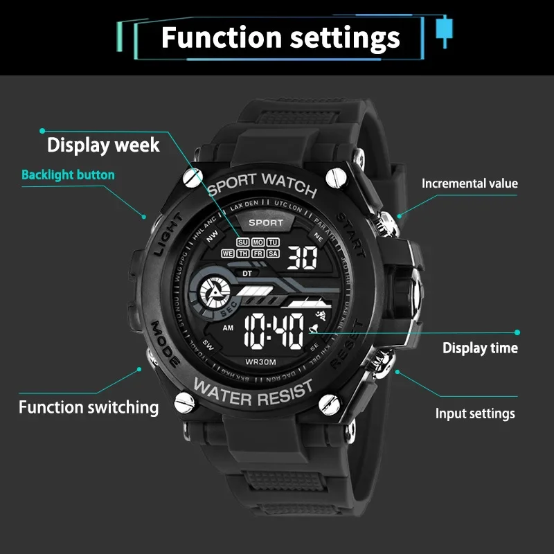 YIKAZE Men Digital Sports Watch Multifunction Men's Watch 51mm Large Dial Student Kids Military Clock Electronic Watches for Man