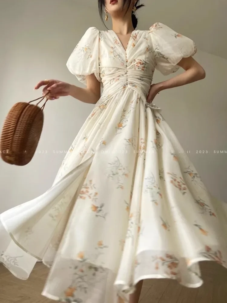 

Summer New French Floral V Neck Midi Dress for Women Elegant Princess Runway Evering Party Vestidos Korean Casual Clothing