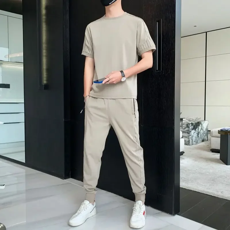 

Sports Suits Khaki Clothes for Men Smooth Pants Sets No Logo Male T Shirt Original Tracksuit S Outdoor Top High Quality Brands