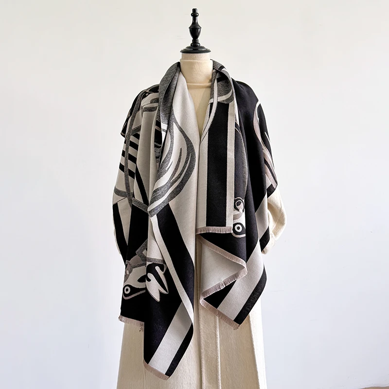 Elegant Floral Jacquard Scarf Imitation Cashmere Soft Warm Versatile Shawl Coldproof Windproof Blanket Scarf for Autumn Winter