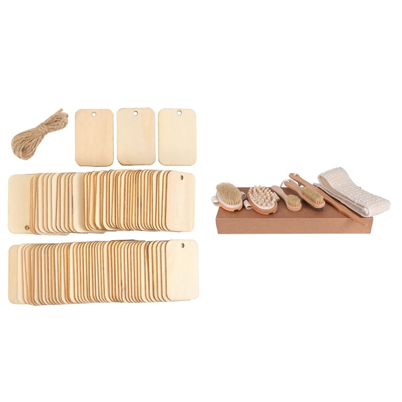 

200Pcs Nature Wood Slice Gift Tags Blank With Hemp Ropes & 1 Set Exfoliating Promote Blood Circulation Massage Brush