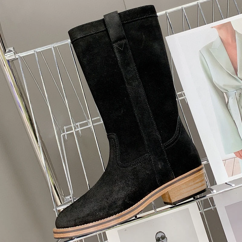 

Women Long Boots Spring Autumn 2023 New Cow Suede Upper Solid Round Head Female Boots Fashion Versatile Heighten Shoes 35-40