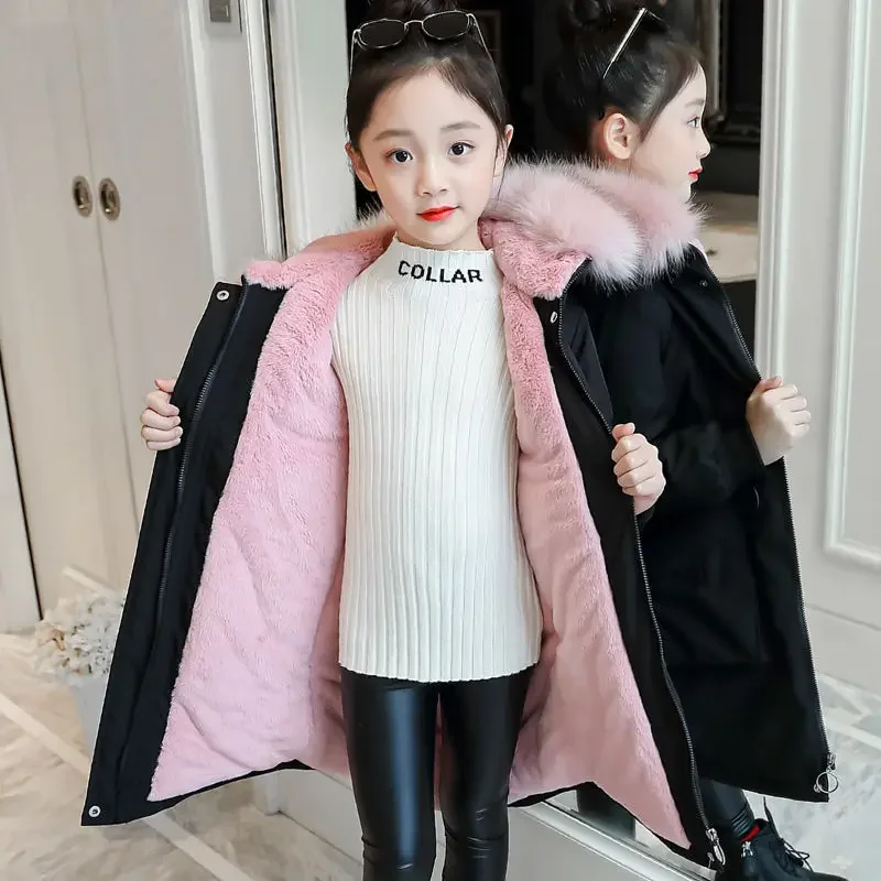 

Girls Down Coat Jacket Cotton Outwear Overcoat 2023 Fur Warm Thicken Plus Velvet Winter Breathable Children's Clothing