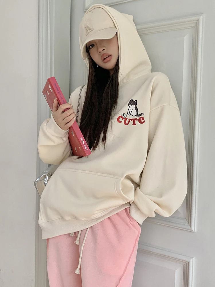 Thick Winter Warm Velvet Sweatshirts Front Pocket Hoodies Printed Pullovers Korean Fashion Loose Casual Women Top Jumper Apricot