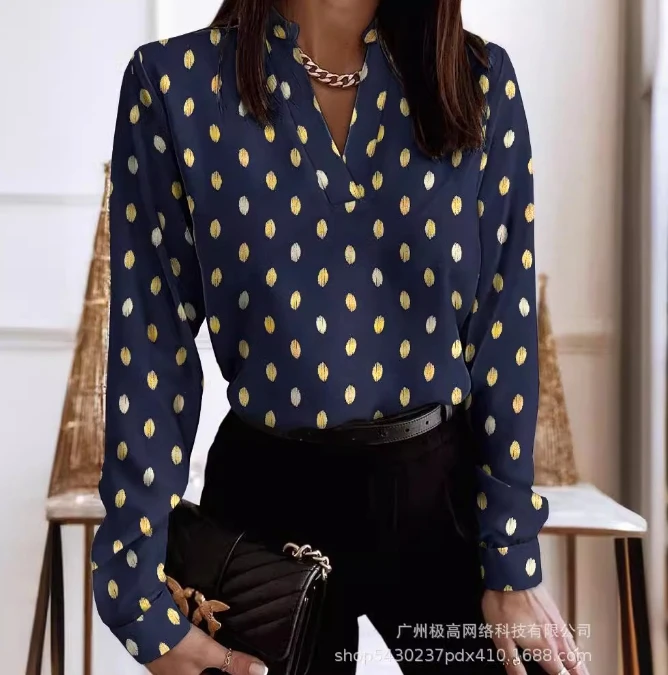Summer New Polka Dot Hot Stamping V-Neck Long Sleeved Shirt with Fashionable Temperament Commuting Long Sleeved Women's Shirt