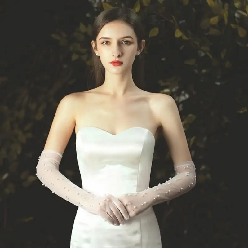 HandmadePearlMidLengthFullFingerMeshGlovesWhiteWeddingDress