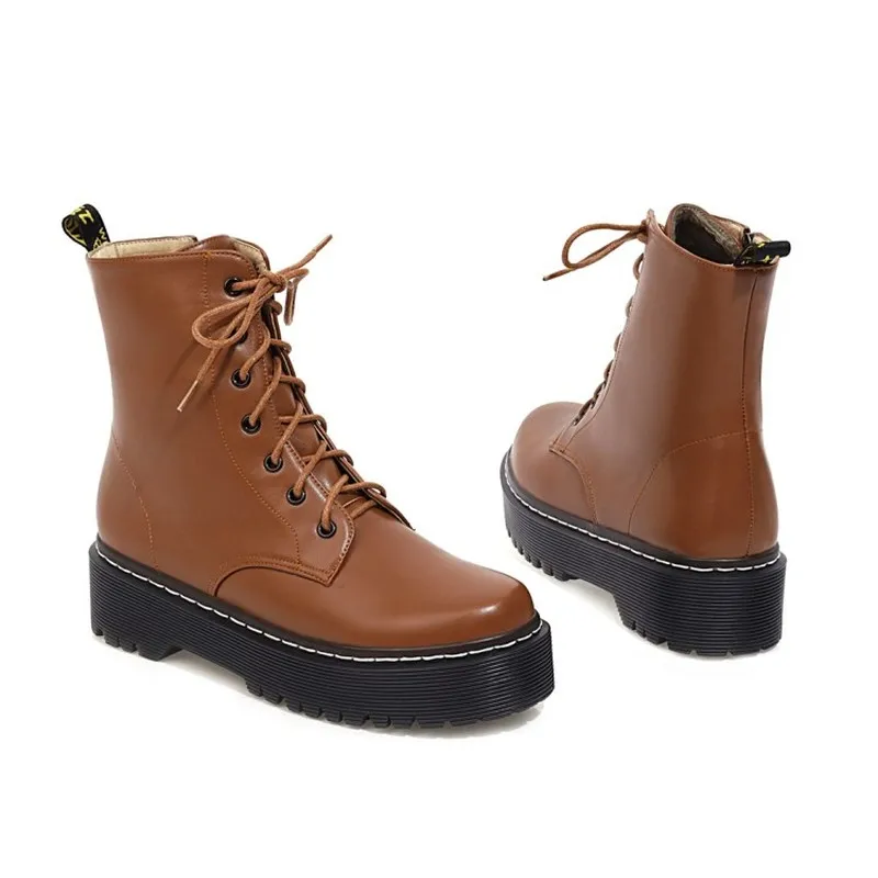 winter The New fashion British style Thick bottom Lace boots black Beige brown Round head Handsome High heels Women boots