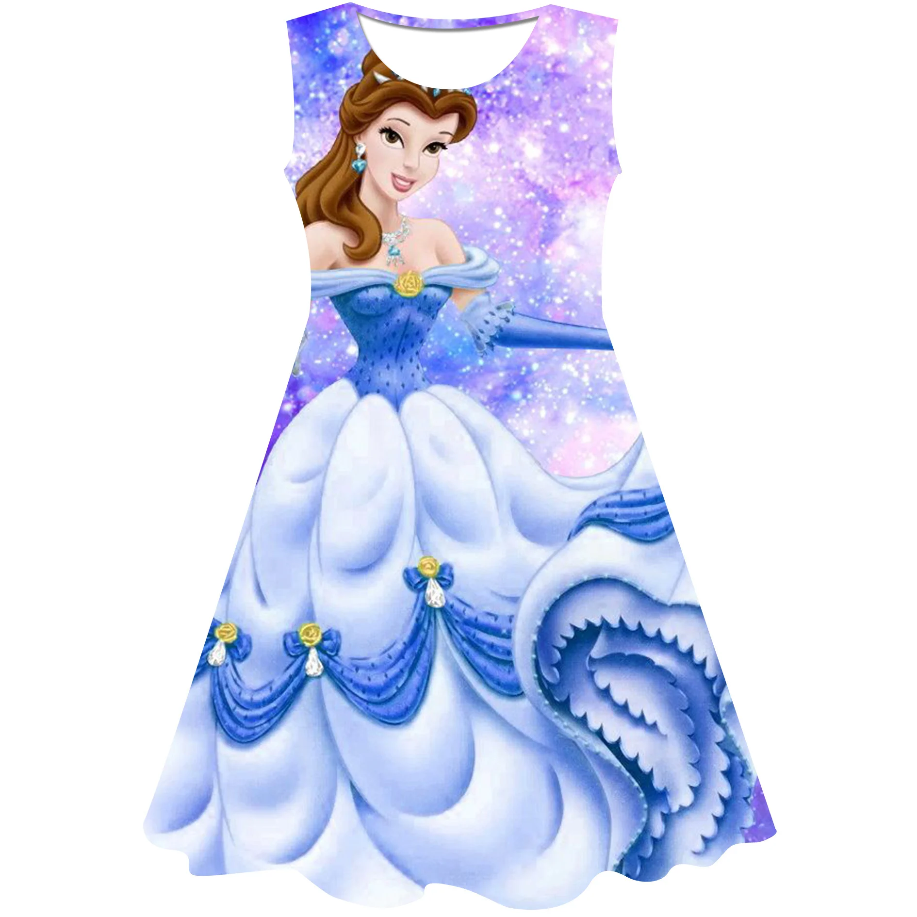 

2022 New Cinderella Dress Girls Party Vestidos Cosplay Girl Clothing Rapunzel Belle Princess Print Birthday Dress Kids Costumes