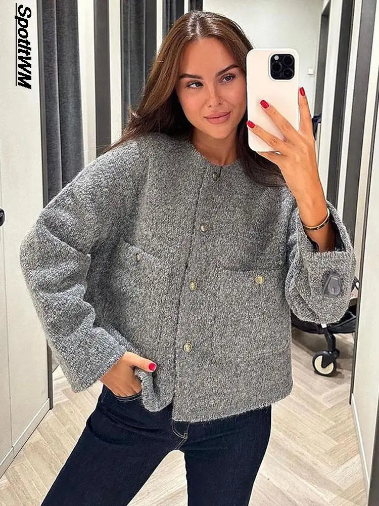 

Women Solid Cashmere Short Off-shoulder Cardigan Fashion Causal O-Neck Pockets Knitted Jacket 2023 Autumn Soft Warm Lady Coat