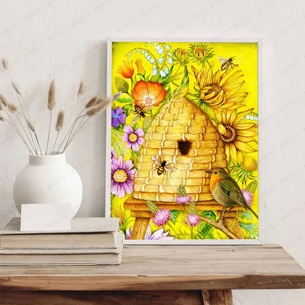 Bee Sunflower Diamond Art 5D Diamond Painting Blue Flower Cross Stitch Kits  Full Drill Mosaic Rhinestones Picture Home Decor