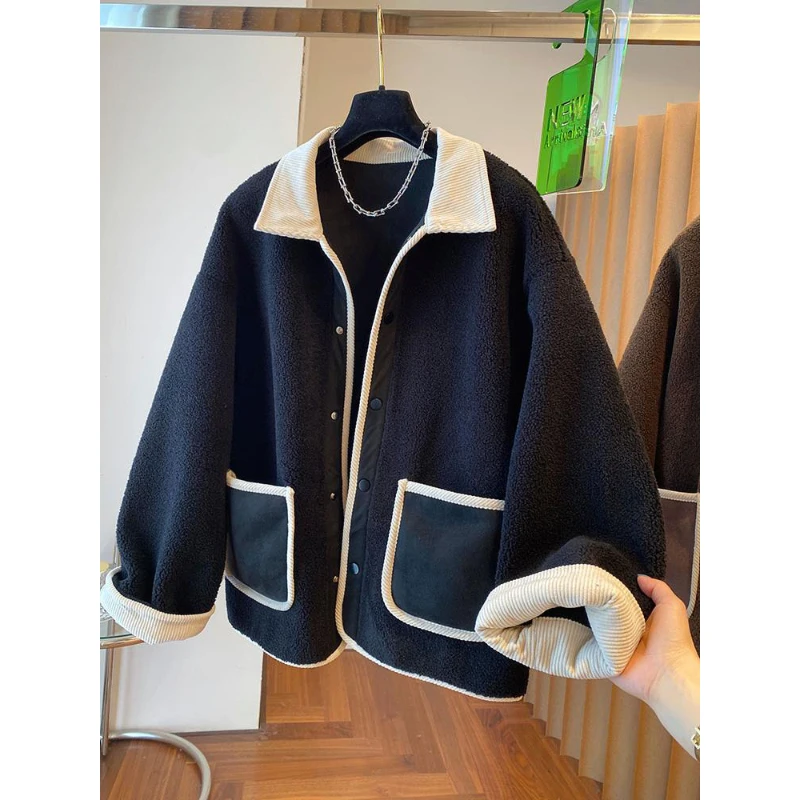 

Women's Lambswool Cardigans Fall Winter Korean Style Turn Down Collar Contrast Color Patchwork Fleece Thick Warm Outerwears