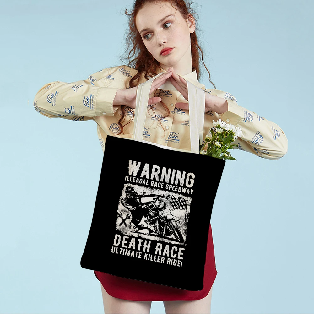 

Сумка-шоппер для супермаркета, женская сумка-тоут, винтажная, черная, белая, для гоночного автомобиля, мотоциклетного рынка, повседневные холщовые женские сумки для покупок