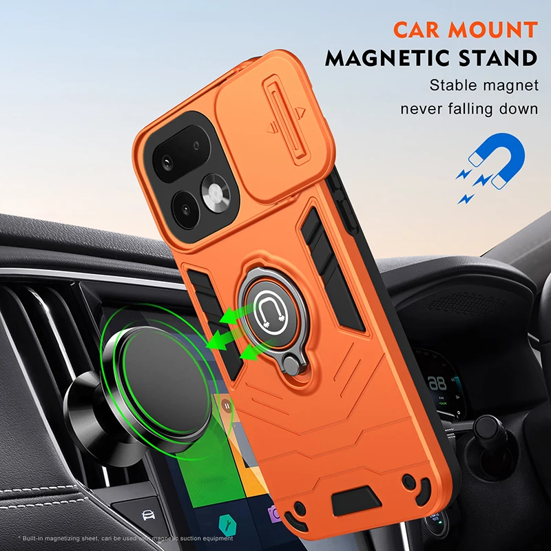 Enhanced Armor Phone Case with Magnetic Ring Holder and Camera Protection Slider - Anti-Impact Cushion Cover