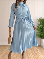 Women's Long Dresses Summer Elegant Pleated Long Sleeveed Lace Up Dresses Beach Boho Wrap Ruffle Hem Swing Sundress - Image 6