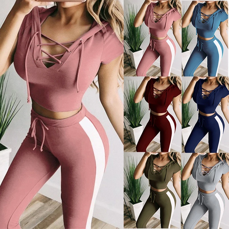 Hot selling women's sexy short sleeved long pants two-piece set with slim fit and exposed navel hoodie top yoga pants sports set