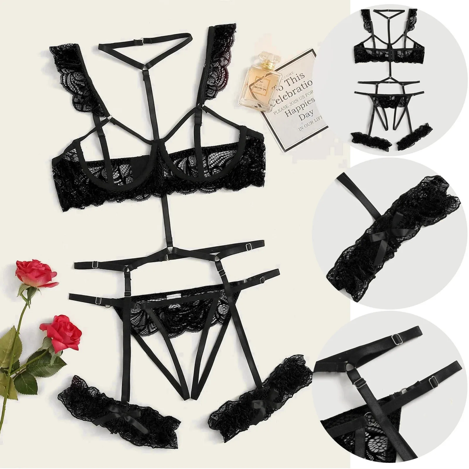 

Sexy Lace Belt Bodysuit For Women Halter Neck Chest Hollow Out Bra Low Waist Crotchless Erotic Underpants Pornographic Underwear