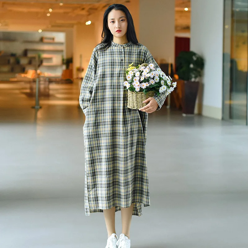 

Woman Cottagecore Dress 2021 New 90% Cotton Brown Patchwork Plaid Dress Women Vintage Brown Loose Body Clothes Korea Streetwear