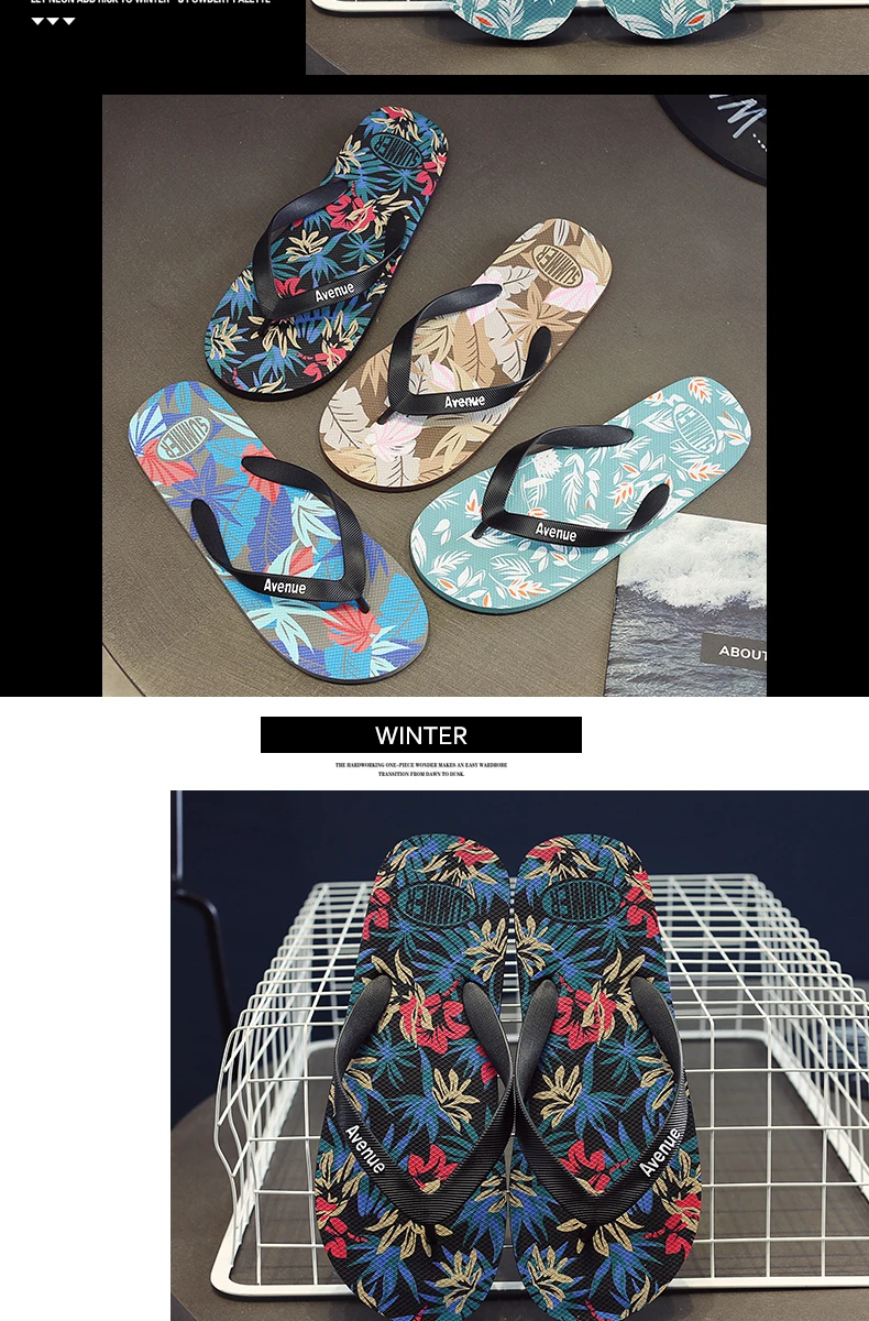 Hawaii Print Slippers Men Flip Flops Beach Sandals Non-Slip Flat Shoes Casual Slipper Indoor House Shoes for Men Outdoor Slides