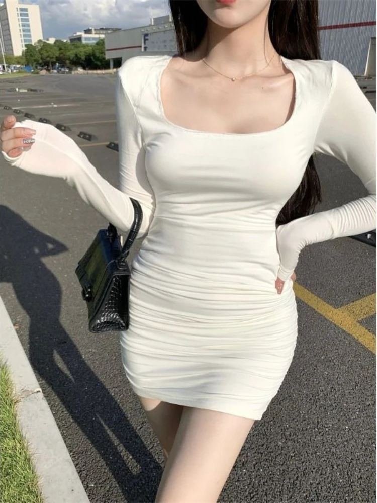 여름 얇은 스퀘어 칼라 긴팔 주름 슬림 바디콘 드레스 여성 솔리드 컬러 스키니 미니 드레스 클럽 파티