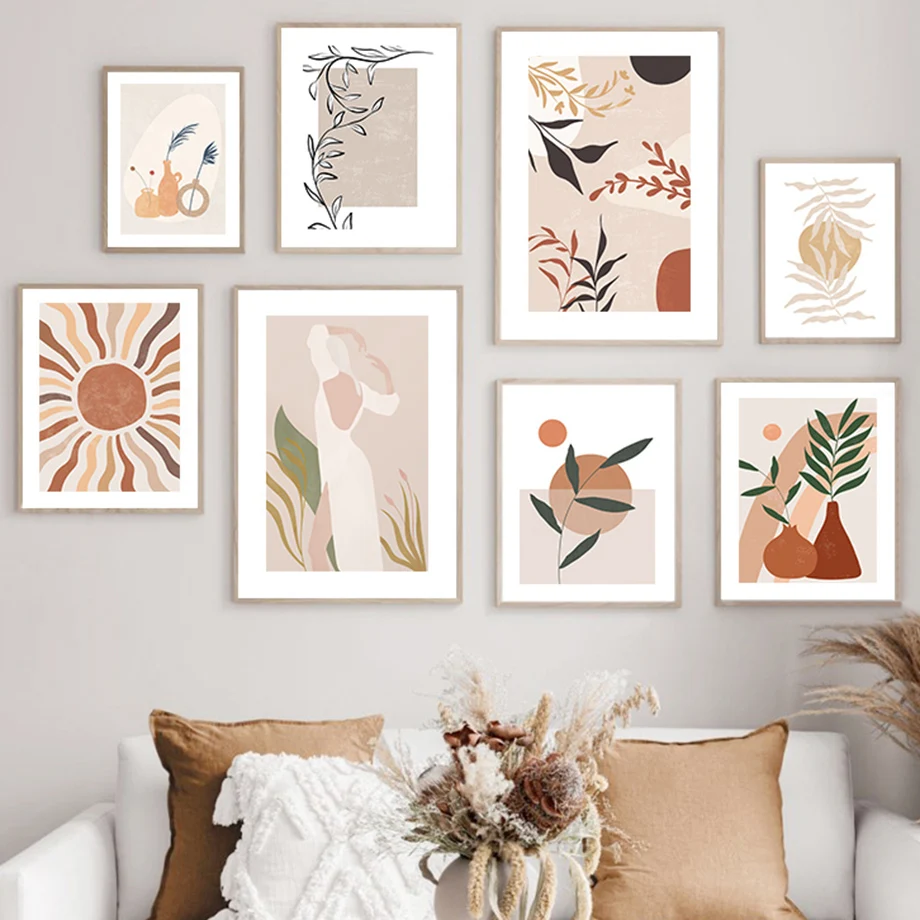 

Boho Woman Vase Sun Leaf Minimalist Abstract Posters Wall Art Pictures Nordic Living Room Decor Prints Canvas Painting