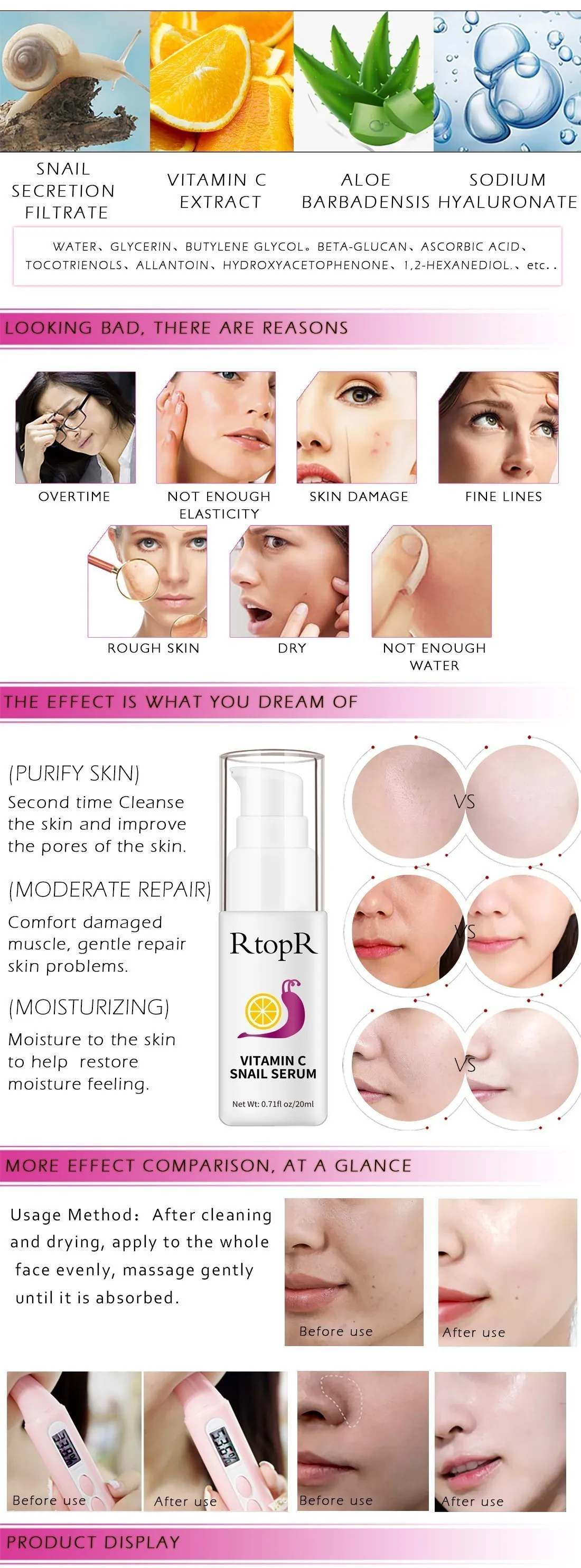 Sérum visage anti-rides raffermissant réparation éclat traitement essence escargot VC collagène riche en vitamine C produits de soins de la peau_voghion.com