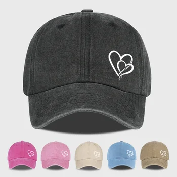 Washed Baseball Cap with Double Heart Print, Adjustable Curved Brim Dad Hat, Retro Sweet Style for Women